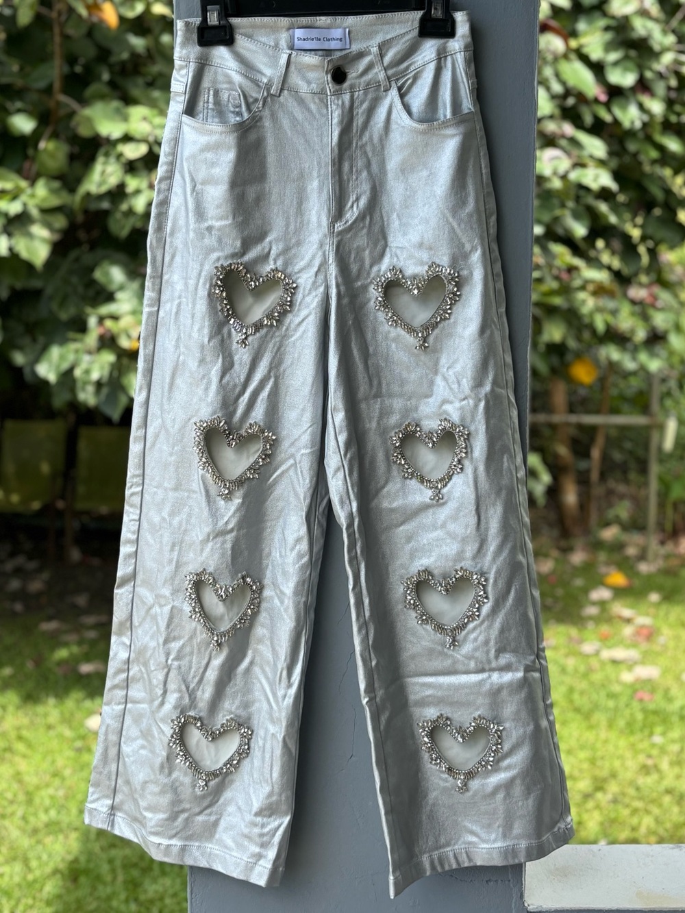 Silver Heart Cutout Jeans with Embellished Trim